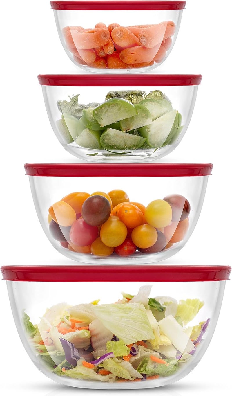 JoyJolt Kitchen Mixing Bowls - 8pc Glass with Lids Set – Neat Nesting Large Bowl Batter Cooking Storage and Big Salad BPA-Free Red - Image 1